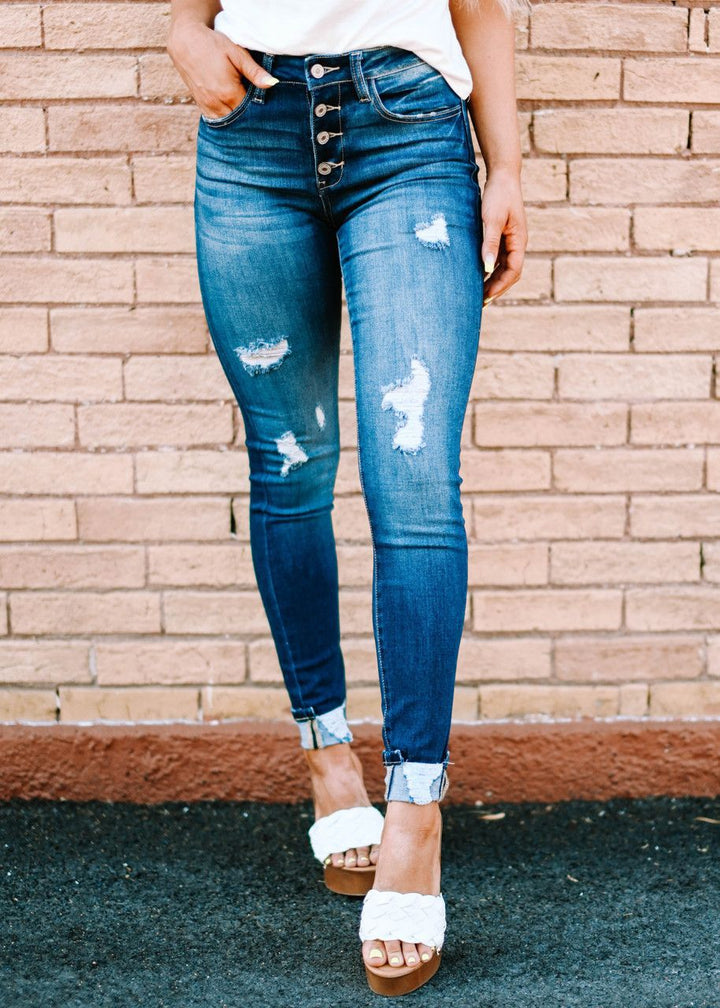 High-waisted skinny jeans for women with frayed hem Lune London