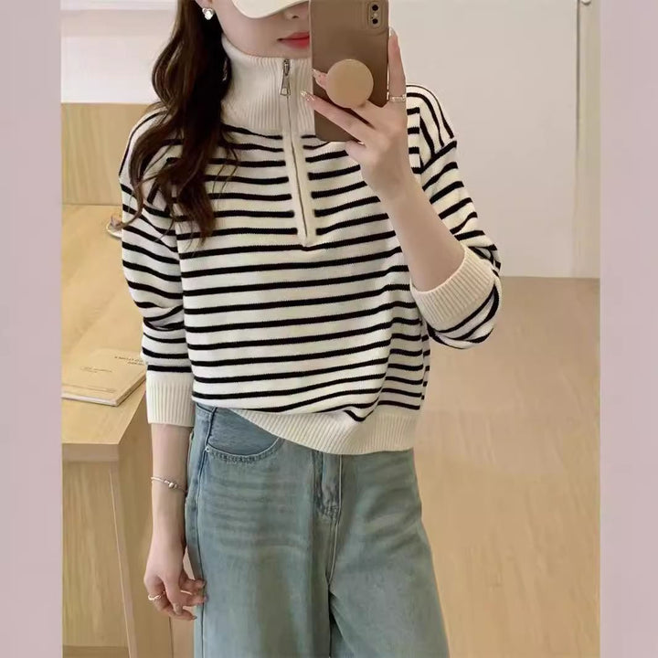 Pull décontracté pour femmes avec fermeture éclair et motif rayé Chic & Stil
