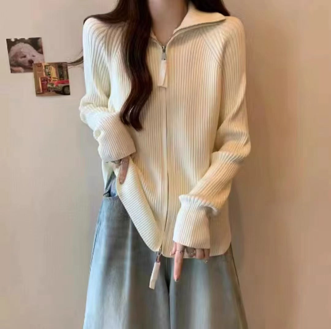 Knitted jacket for women with high collar and zipper Lune London