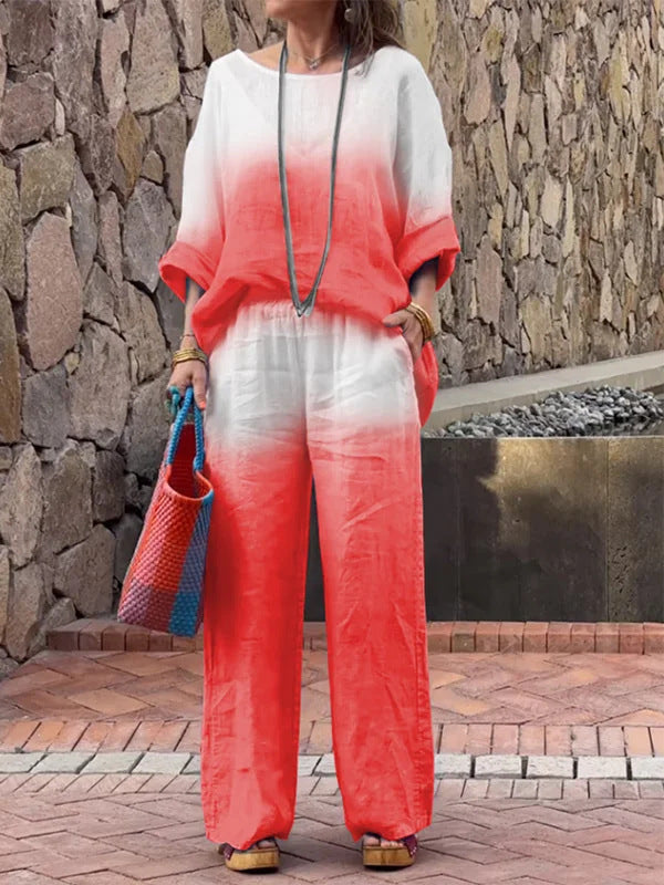 Casual linen outfit for women with wide pants and loose blouse Lune London