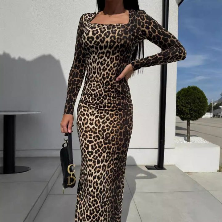 Chic Animal Print Long Sleeve Maxi Dress for Women