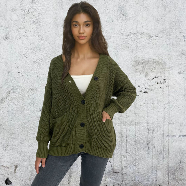 Ladies chunky knit cardigan with pockets and button details Lune London
