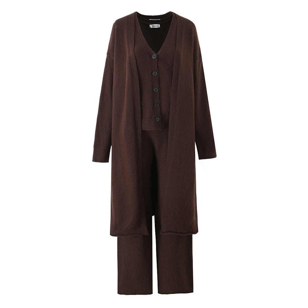 Ladies elegant knitted outfit with long cardigan, button placket and wide trousers Lune London