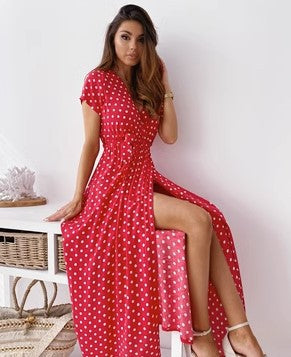 Maxi polka dot dress for women with side slit Lune London