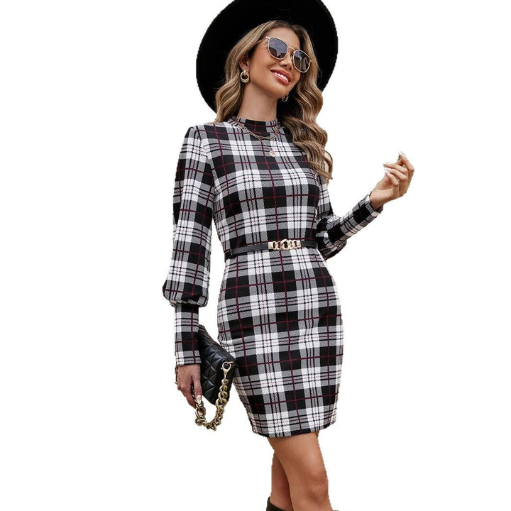 Fitted checkered dress for women with high collar and puff sleeves Lune London