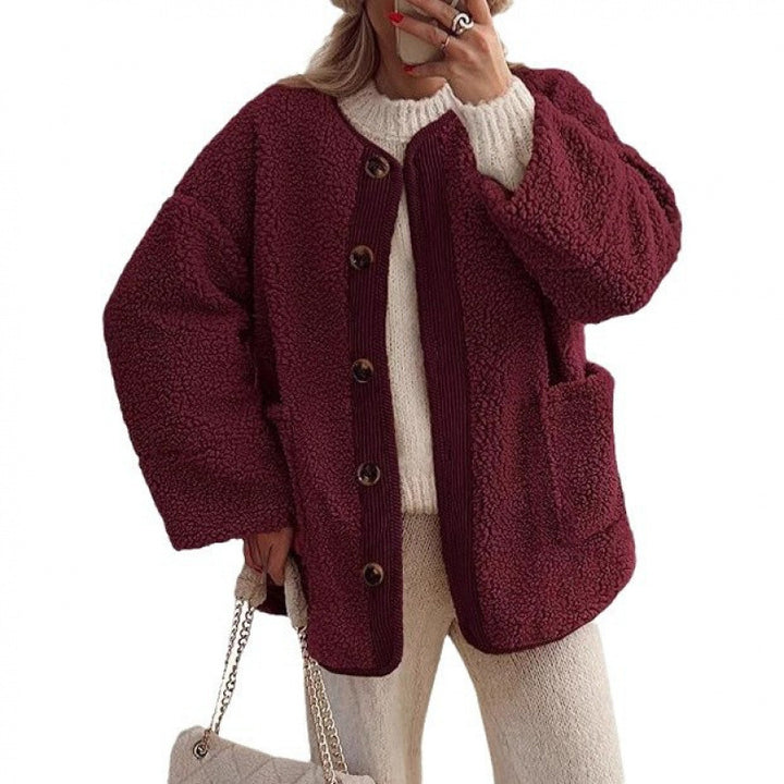 Ladies Cozy Teddy Jacket with Button Closure and Patch Pockets Lune London