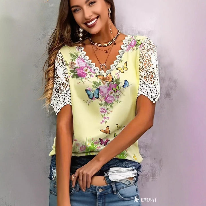 Women's blouse with floral lace and playful butterfly print Lune London