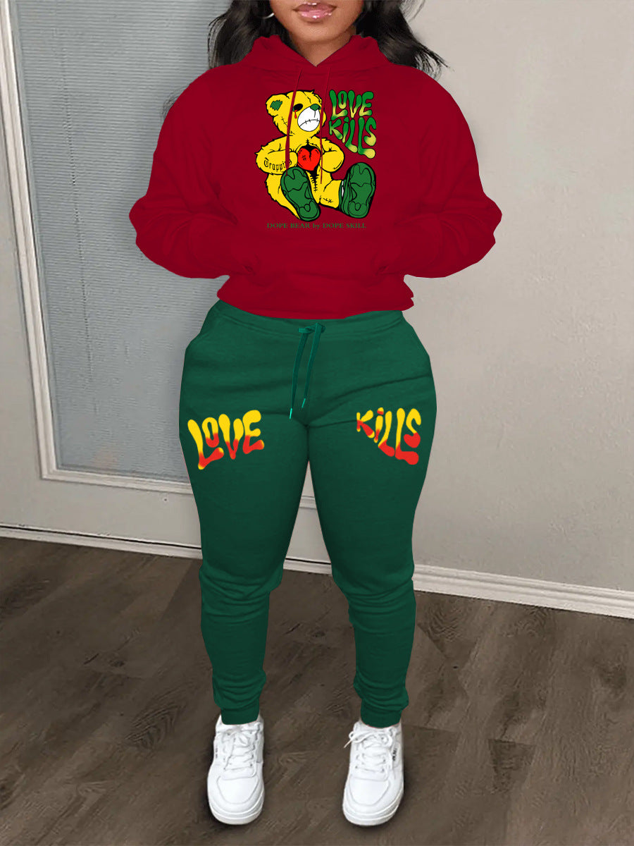Women Hoodie and jogging pants set with creative bear pattern and striking inscription Lune London