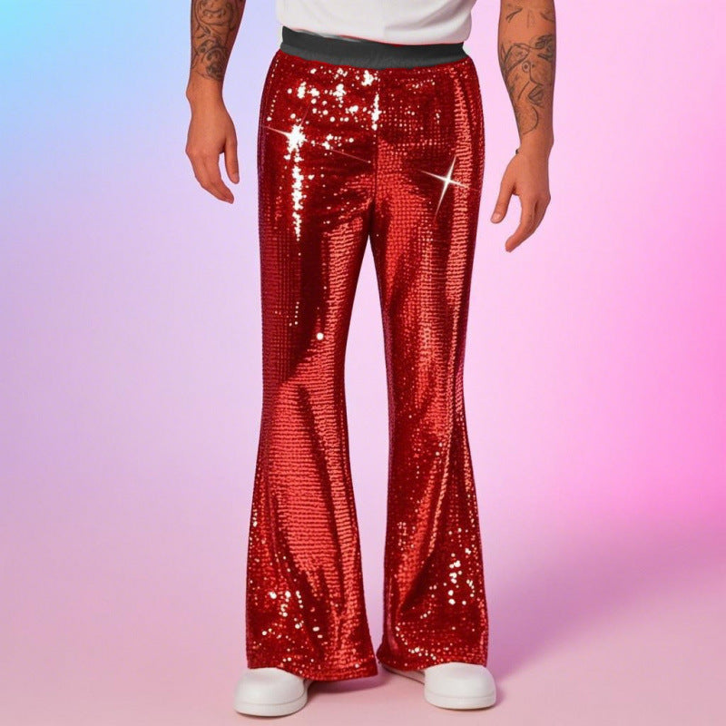 Men's glitter disco pants with wide leg and elastic waist Lune London