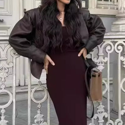Elegant faux leather jacket for women with drapes and adjustable belt Lune London