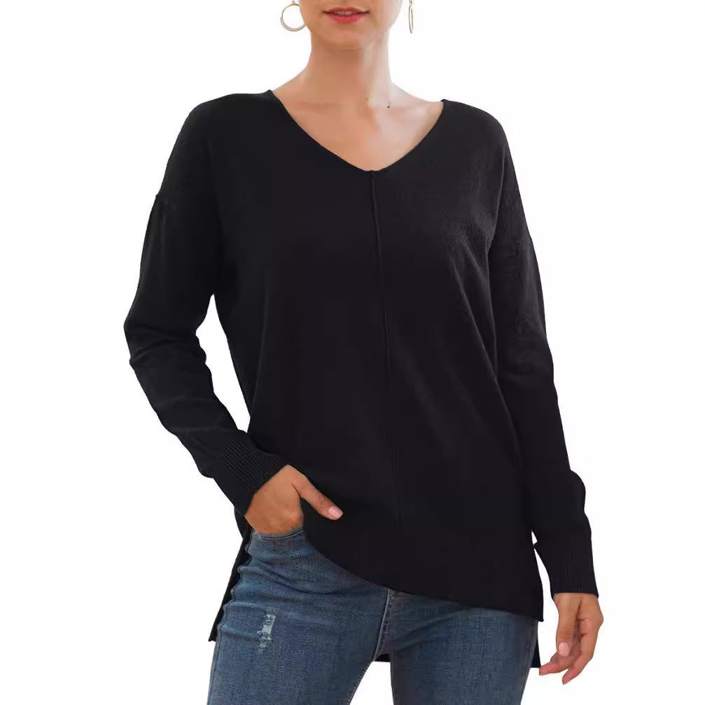 Elegant women's sweater with V-neck and asymmetrical hem Lune London