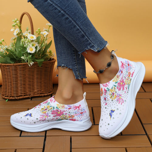 Women's Comfortable Slip-On Sneakers with Fashionable Floral Embroidery and Chic Rhinestone Details