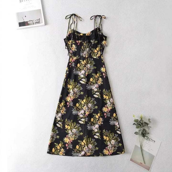 Maxi dress for women with floral design and thin spaghetti straps Lune London