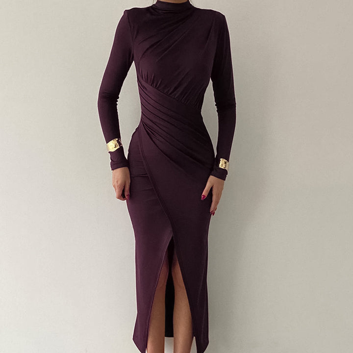 Long sleeve maxi dress for women with an elegant draped detail and a high collar Lune London