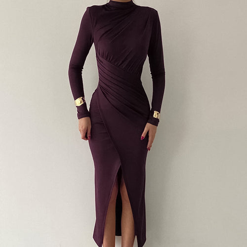 Long sleeve maxi dress for women with an elegant draped detail and a high collar Lune London
