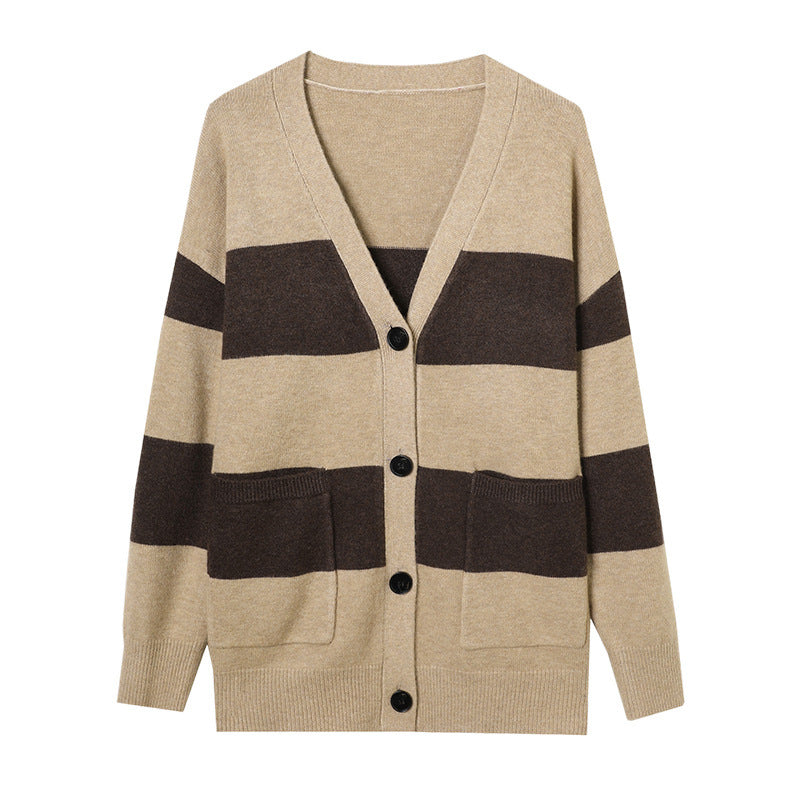 Ladies casual cardigan with wide stripes and patch pockets Lune London
