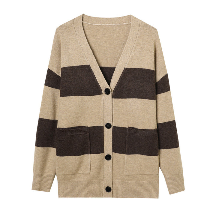 Ladies casual cardigan with wide stripes and patch pockets Lune London