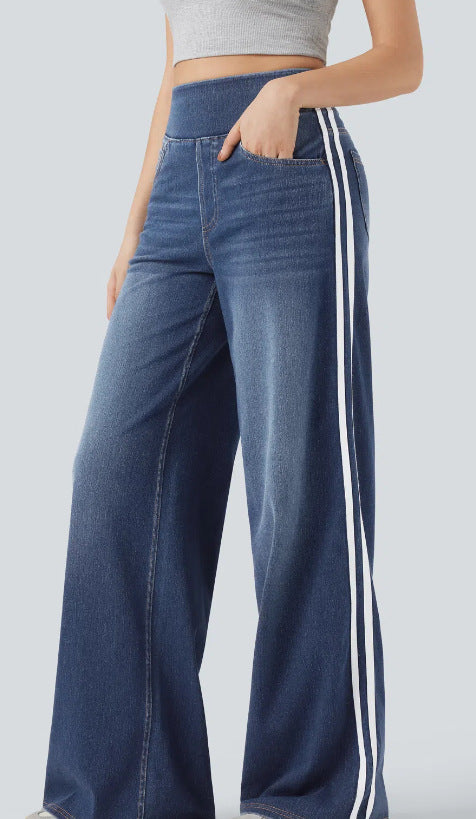 Wide denim pants for women with side stripe and high waist Lune London