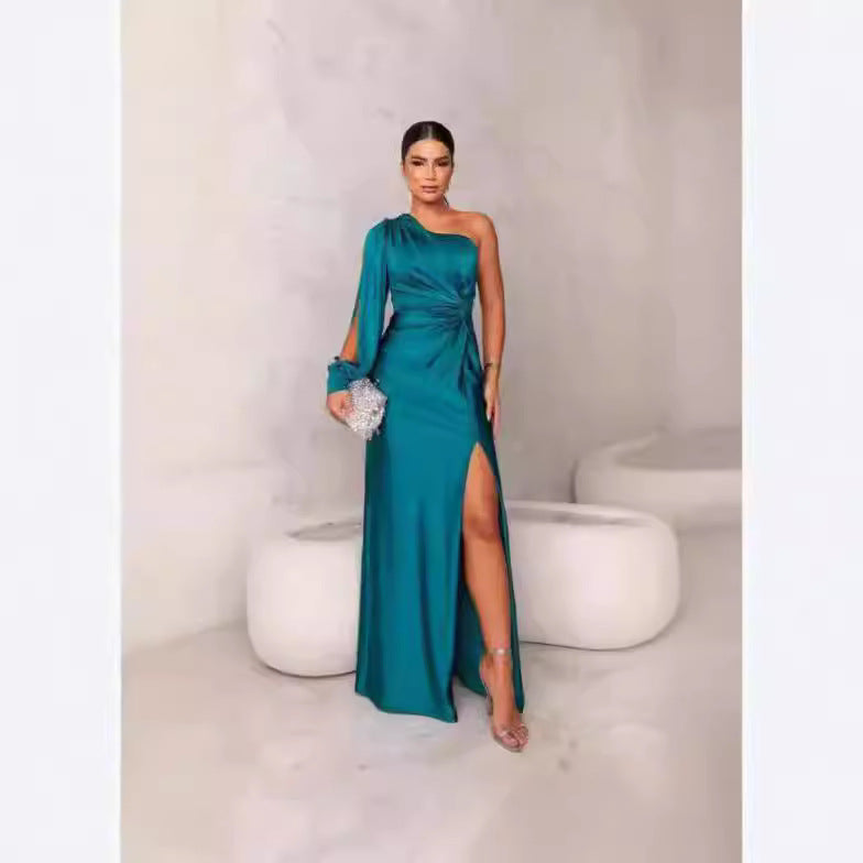 Women's Evening Dress with Asymmetric Neckline and Elegant Pleats Lune London