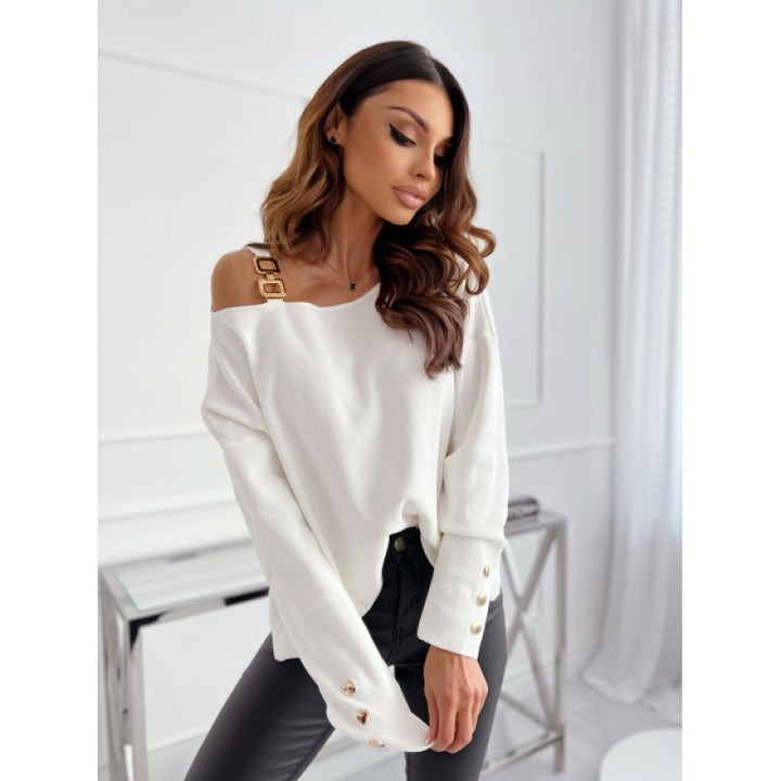 Ladies Comfortable oversized sweater with asymmetrical design and decorative buttons Lune London