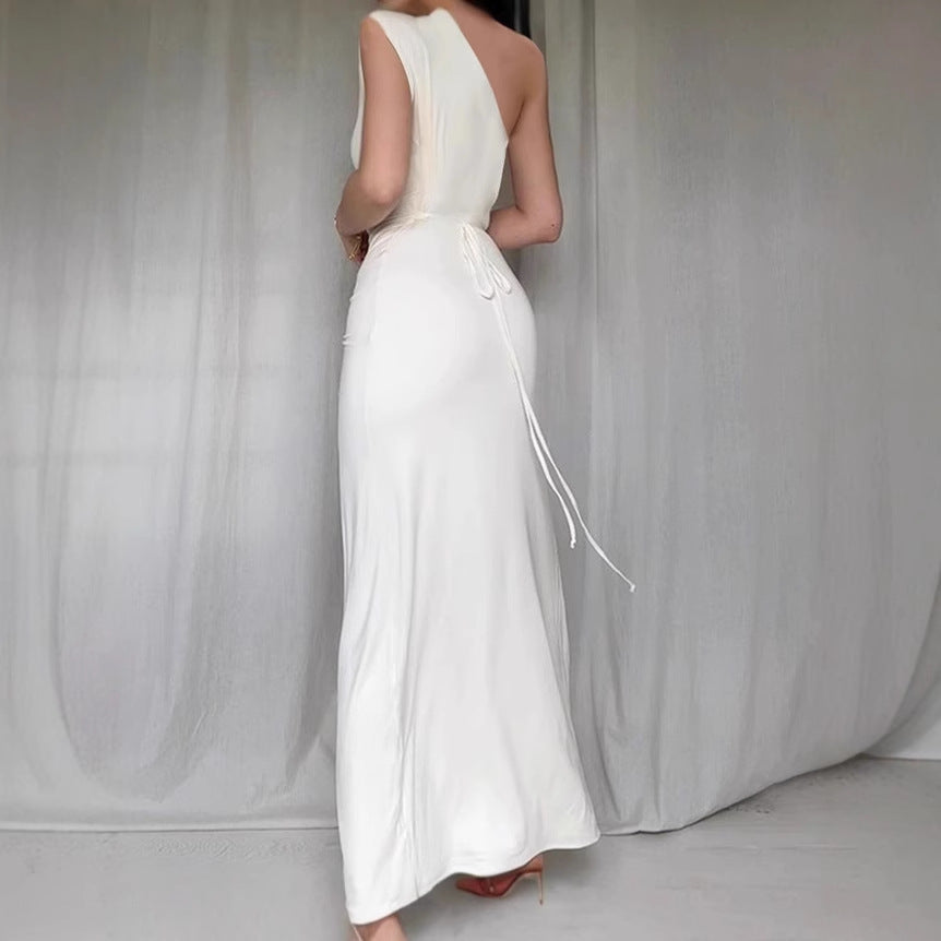 Ladies Elegant Asymmetrical Maxi Dress with Refined Draping Lune London