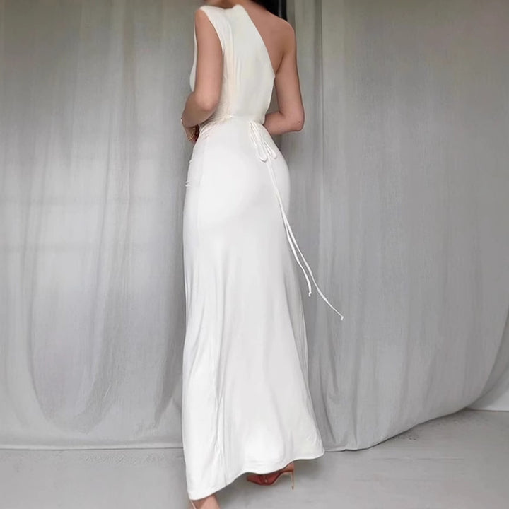 Ladies Elegant Asymmetrical Maxi Dress with Refined Draping Lune London