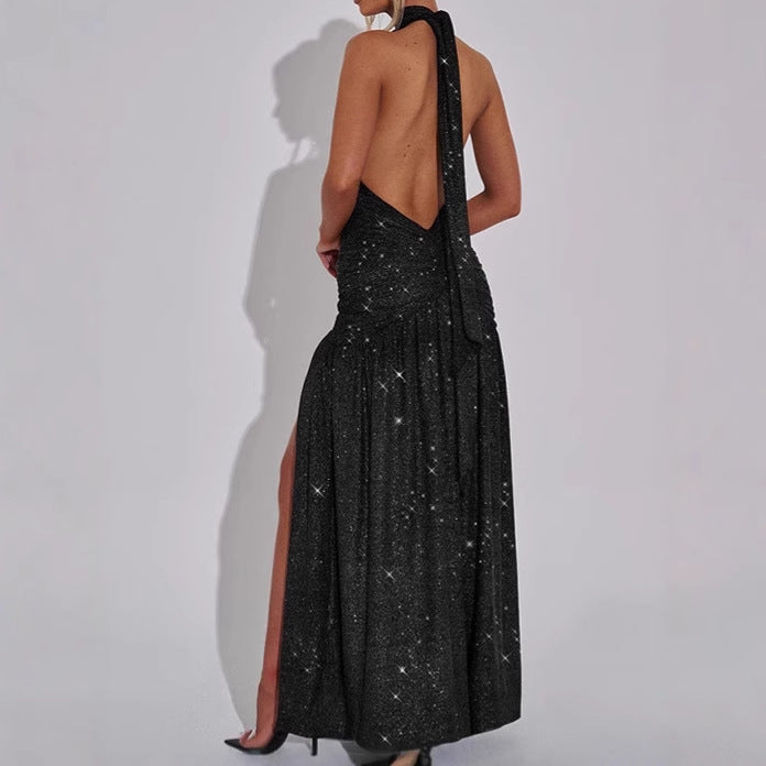 Glamorous evening dresses for women with deep V-neckline and ruffle details Lune London