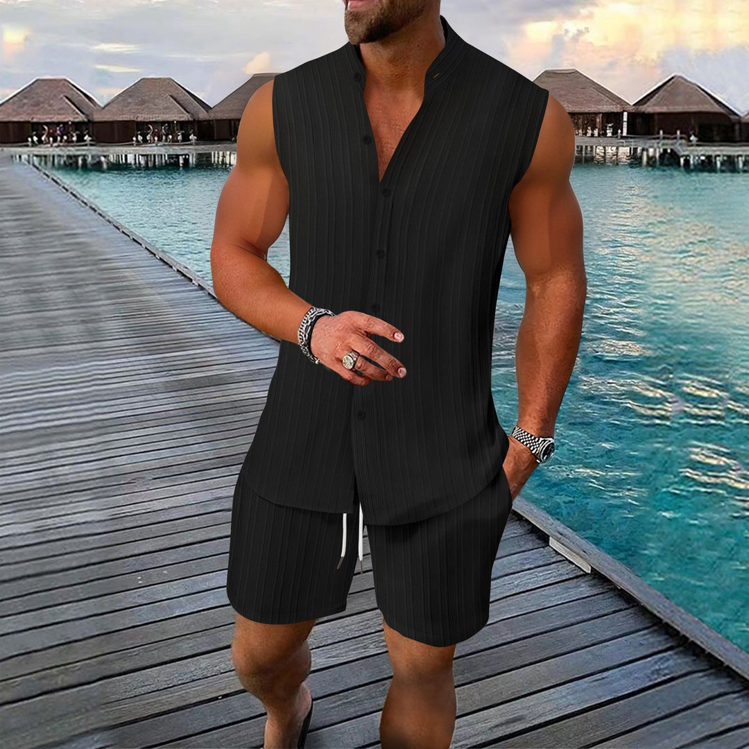 Men's casual sleeveless summer outfit living room Lune London
