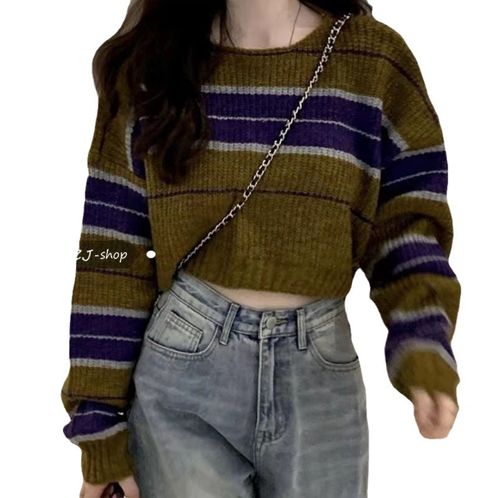 Short knit sweater for women with horizontal stripe pattern Lune London
