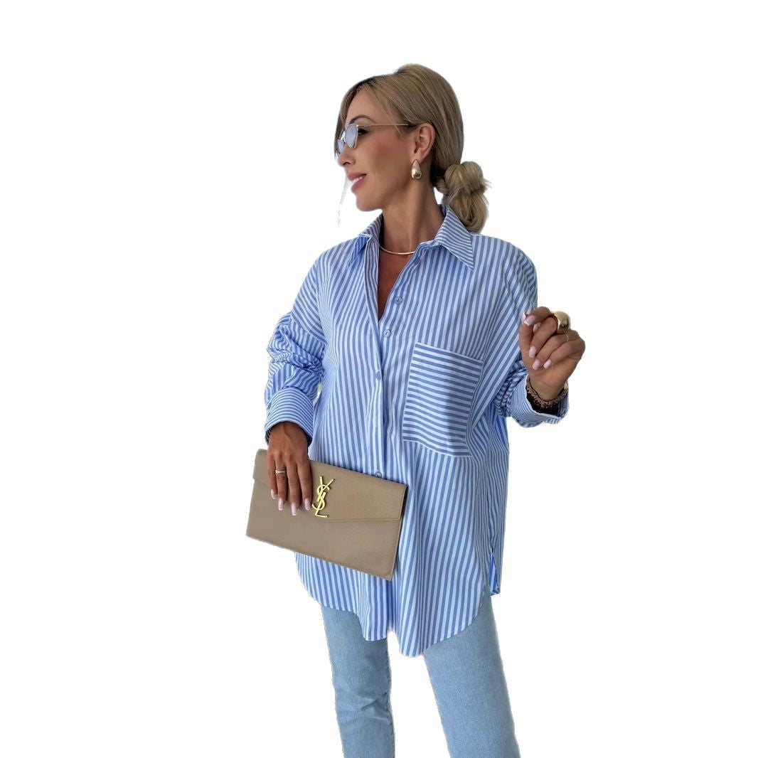 Chemisier décontracté pour femmes avec un motif de rayures classique et une poche poitrine appliquée Chic & Stil