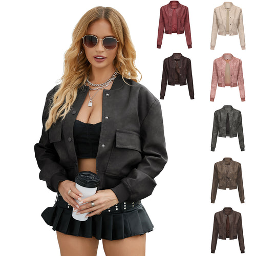 Faux leather bomber jacket for women with practical pockets and elastic cuffs Lune London