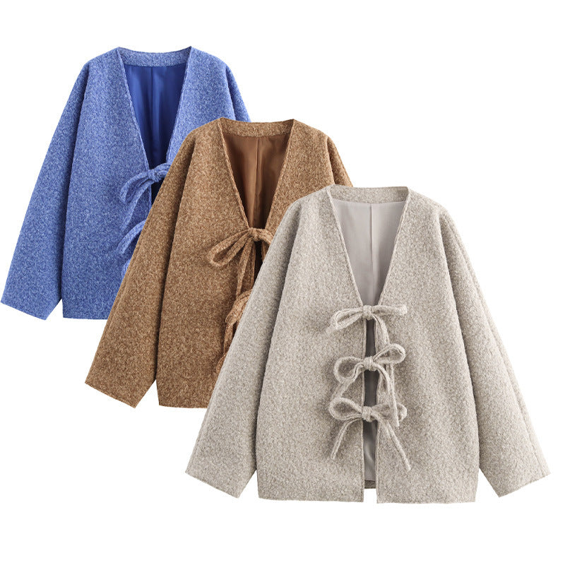 Oversized wool coat for women with decorative bow details Lune London