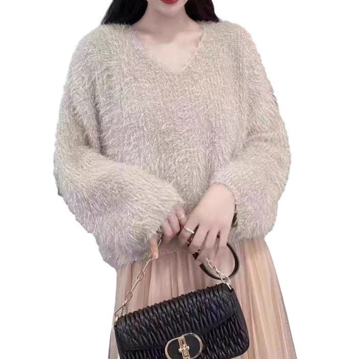 Pull féminin en V peluche avec manches longues et fils scintillants Chic & Stil