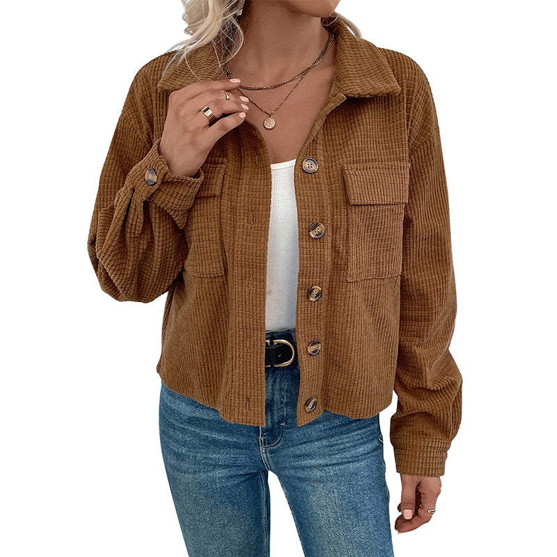 Ladies Khaki Corduroy Jacket with Pockets and Button Closure Lune London