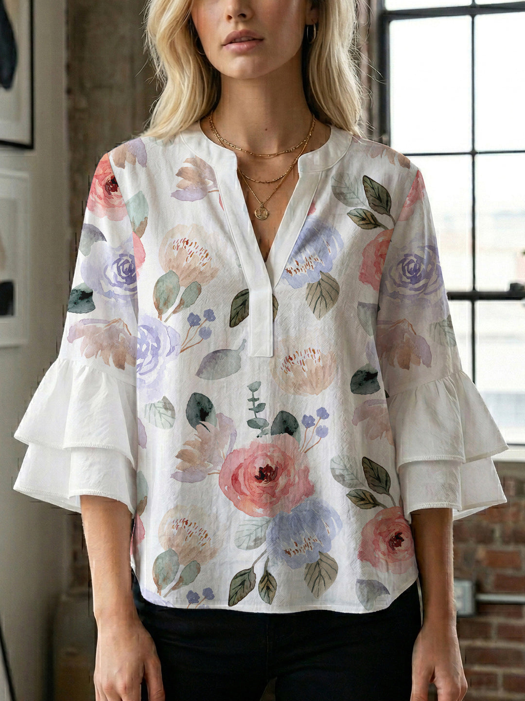 Women Elegant Top with Voluminous Puff Sleeves and Floral Print Lune London