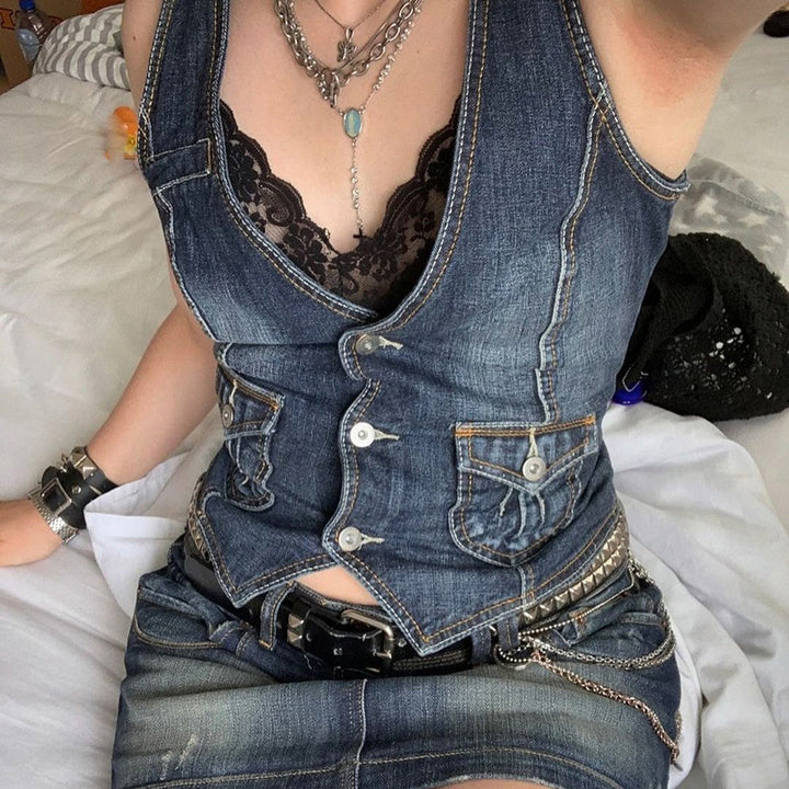 Women's denim bustier jacket with nostalgic lace insert and decorative button details Lune London