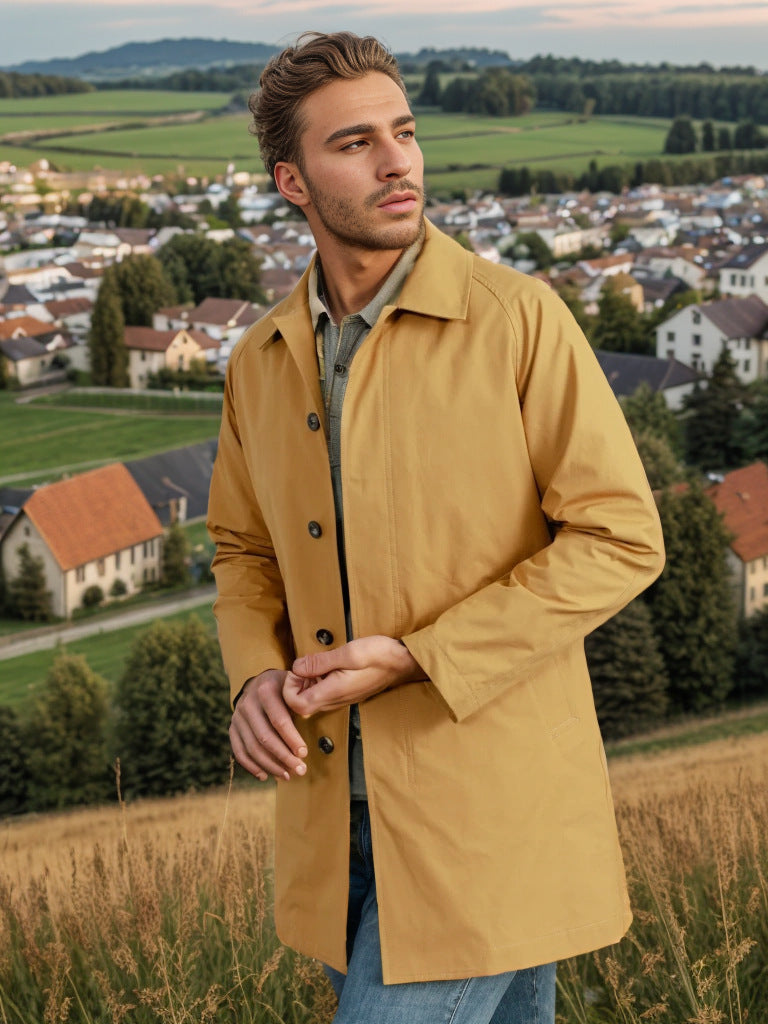 Lightweight transitional jacket for men with a minimalist design featuring practical buttons and large pockets Lune London