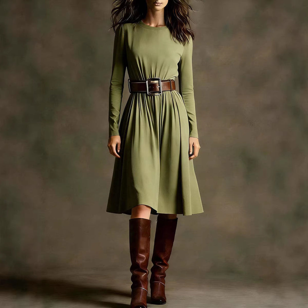 Women Elegant Dress with Long Sleeve and Waist Belt Chic & Stil