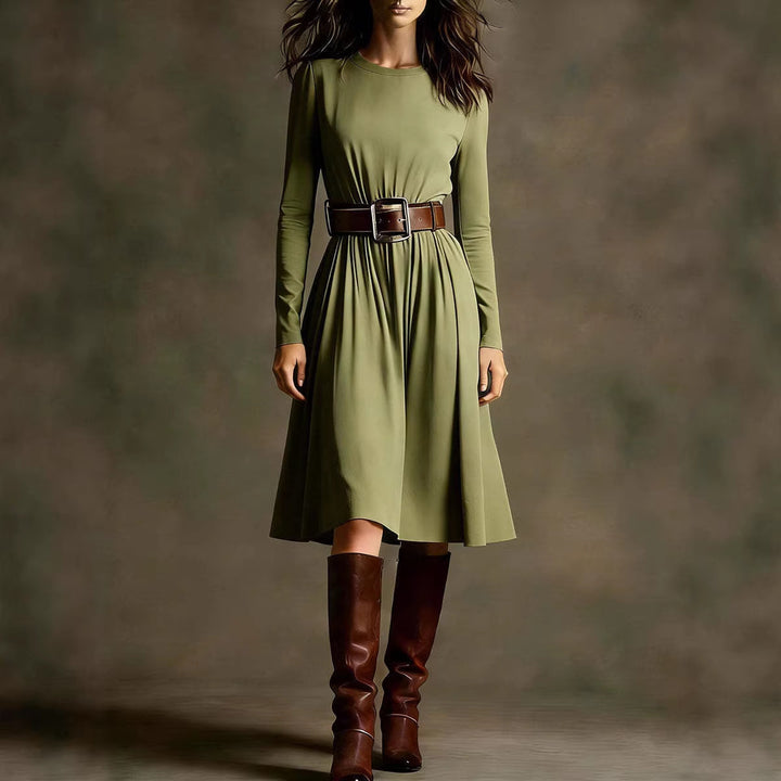Women Elegant Dress with Long Sleeve and Waist Belt Chic & Stil