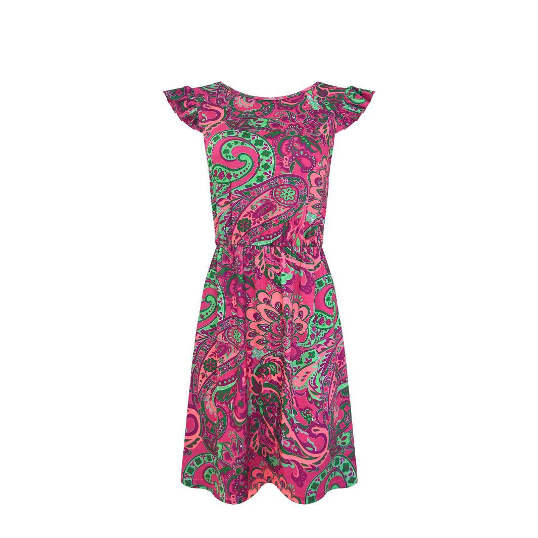 Airy summer dress for women with a playful paisley pattern and ruffle details Lune London