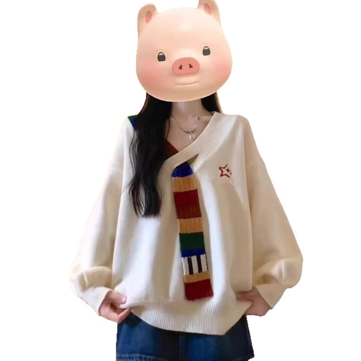 Pull élégant pour femme avec col en V et rayures colorées Chic & Stil
