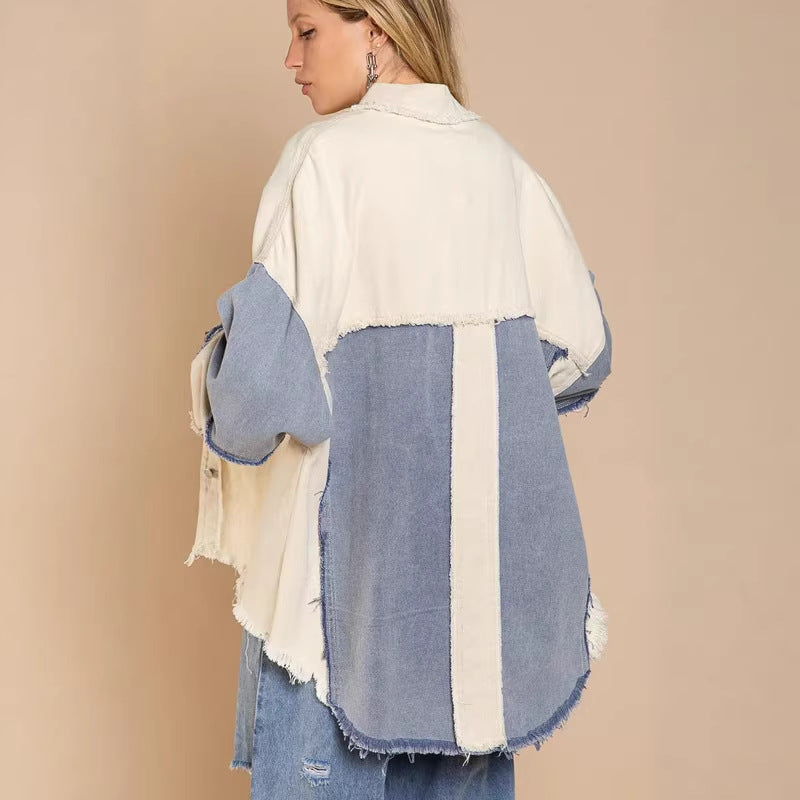 Women's Oversized Denim Jacket with Unique Color Blocks and Fringed Details Lune London