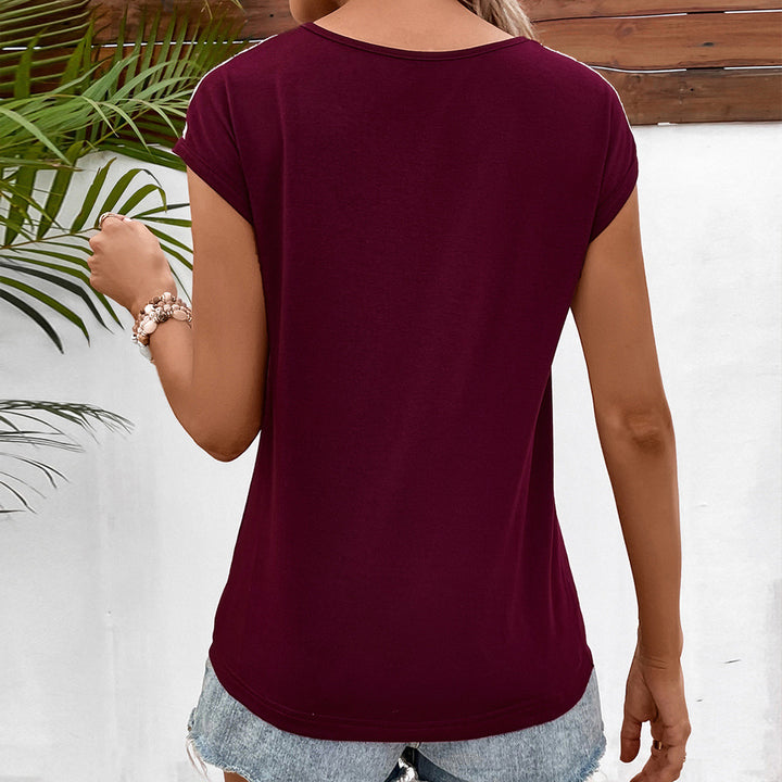 Casual women's V-neck t-shirt with lace trim and rolled detail Lune London