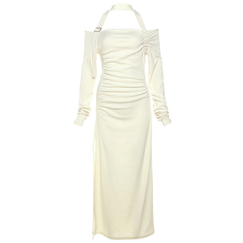 Ladies Elegant Maxi Dress with Asymmetrical Shoulder Design and Chic Refined Ruffle Details