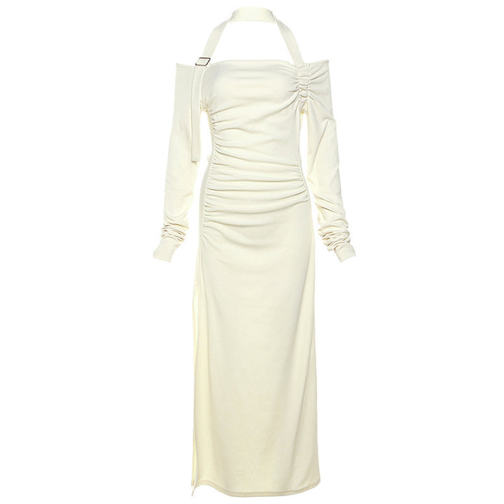 Ladies Elegant Maxi Dress with Asymmetrical Shoulder Design and Chic Refined Ruffle Details