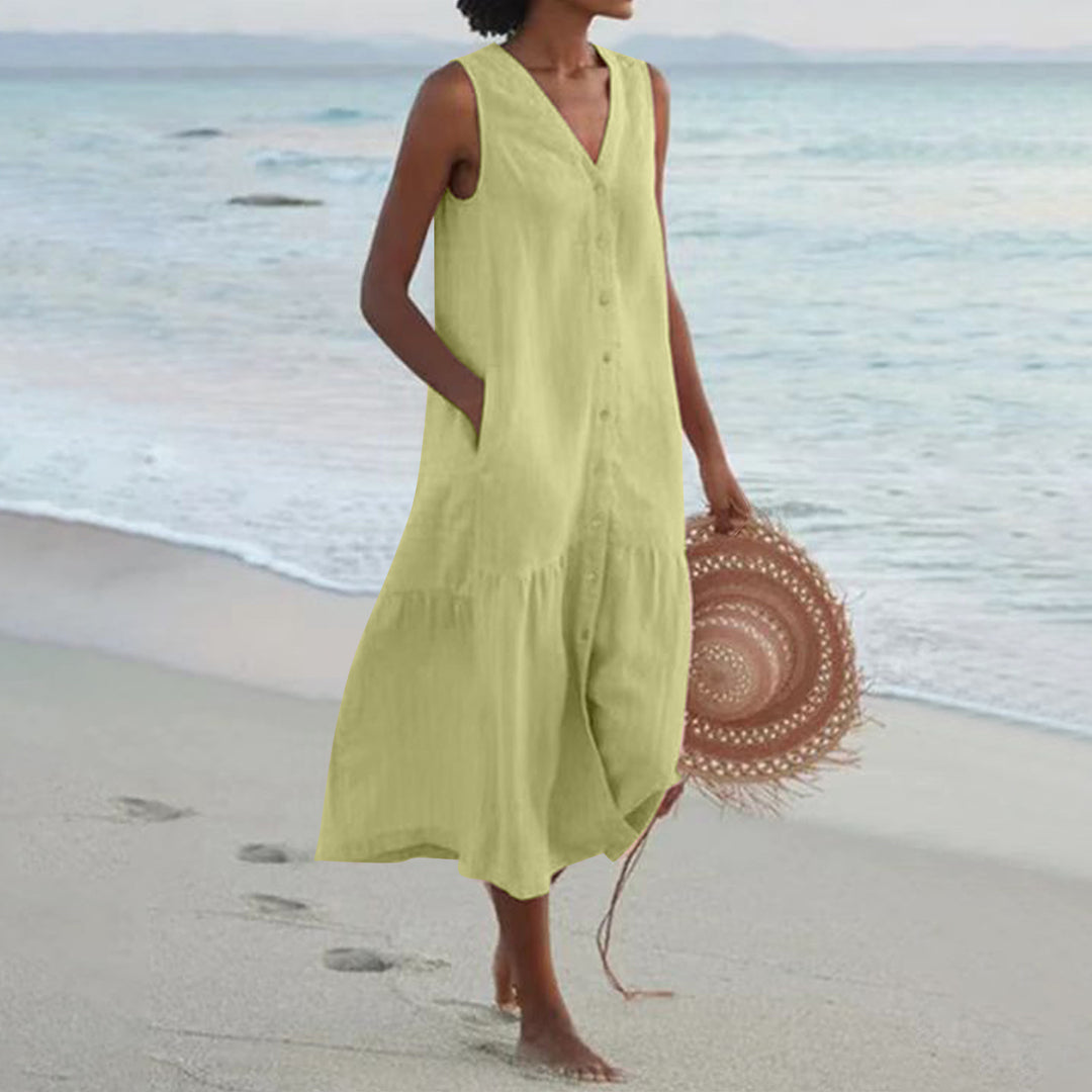 Airy maxi dress for women with button placket and practical pockets Lune London