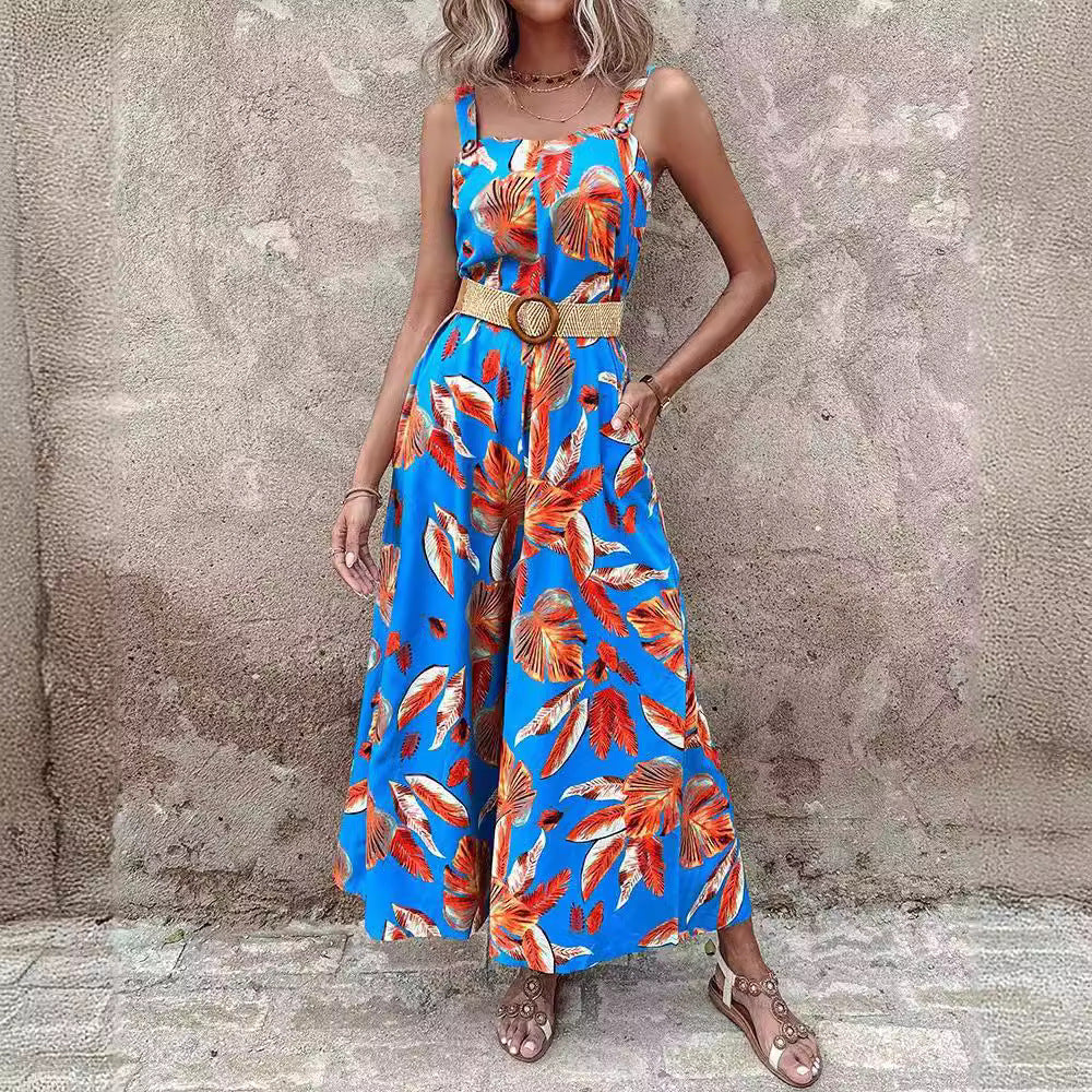 Ladies Tropical Print Wide Leg Jumpsuit Lune London