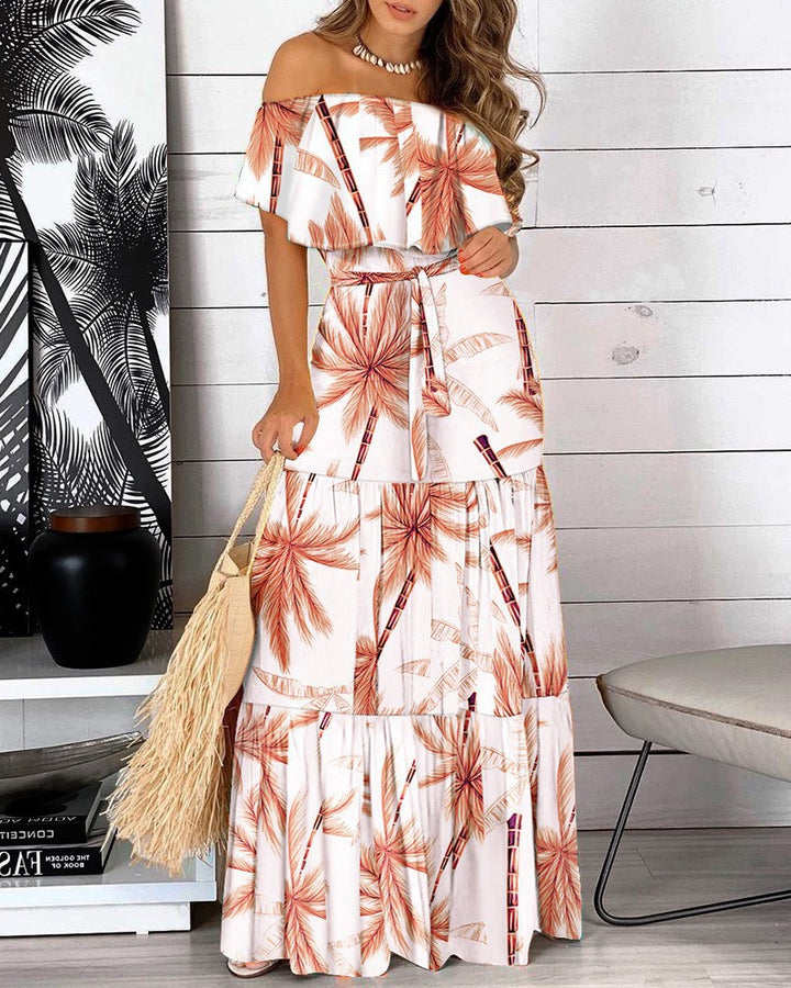 Off-shoulder maxi dress for women with flowy and asymmetrical skirt Lune London
