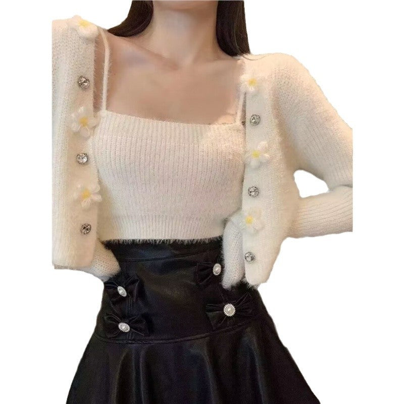 Floral pattern knitted top for women with matching open cardigan Lune London