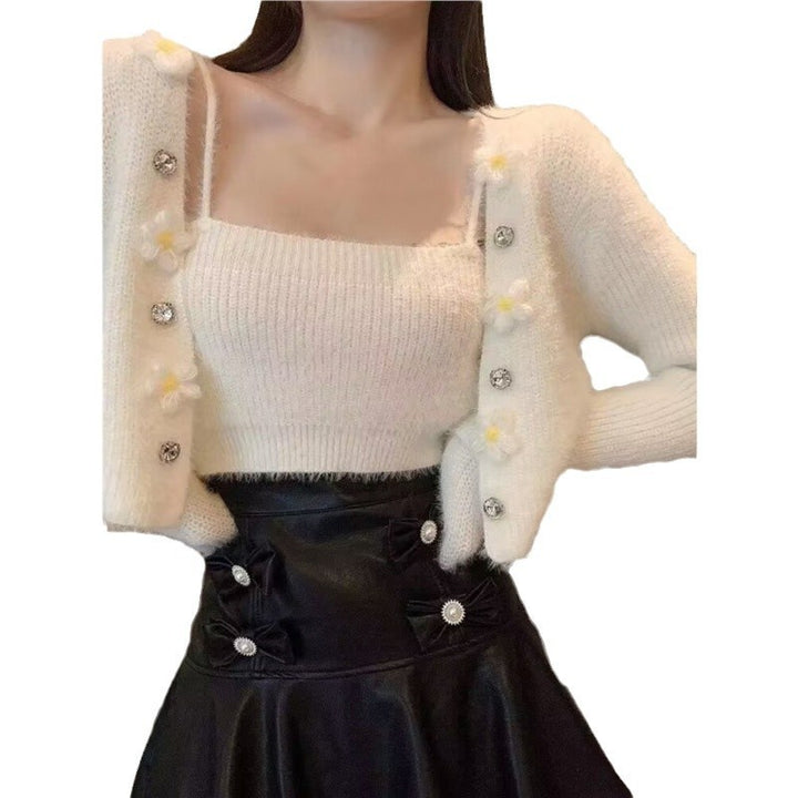 Floral pattern knitted top for women with matching open cardigan Lune London